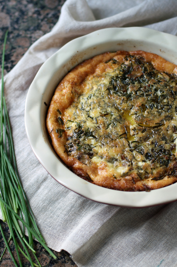 A grain-free quiche full of yummy-ness; pastured eggs, pastured bacon, havarti cheese and chives.