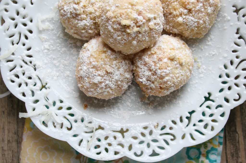 Crumbly Coconut Cookies Made with Einkorn Flour , Shredded Coconut and a hint of Powdered Sugar.
