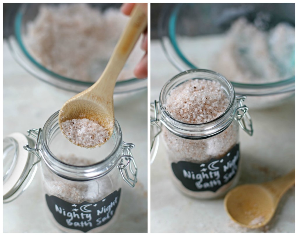 A really simple DIY bath salt recipe that contains sleep promoting ingredients for children, including a special kid-safe Nighty-night essential oil.