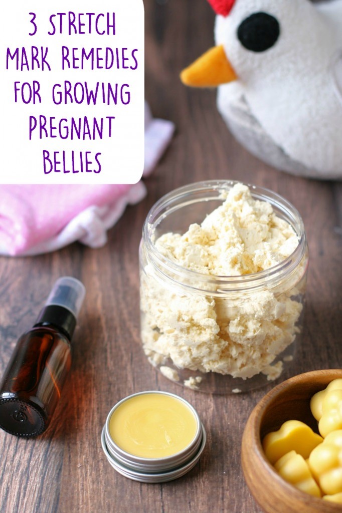 Use the same two primary ingredients to make 3 stretch mark remedies for growing pregnant bellies; a whipped body butter, belly oil, and hard lotion bars!