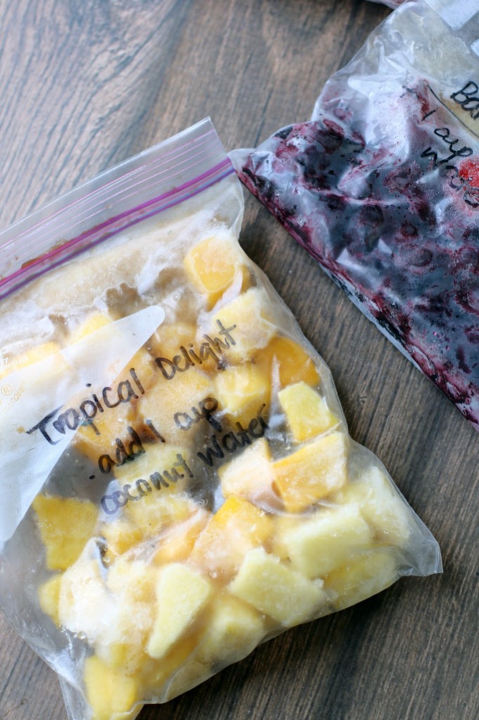 Have loads of mish-mashed bags of frozen fruit in your freezer taking up too much space? Consolidate and make easy smoothie packs so you have quick smoothies ready!