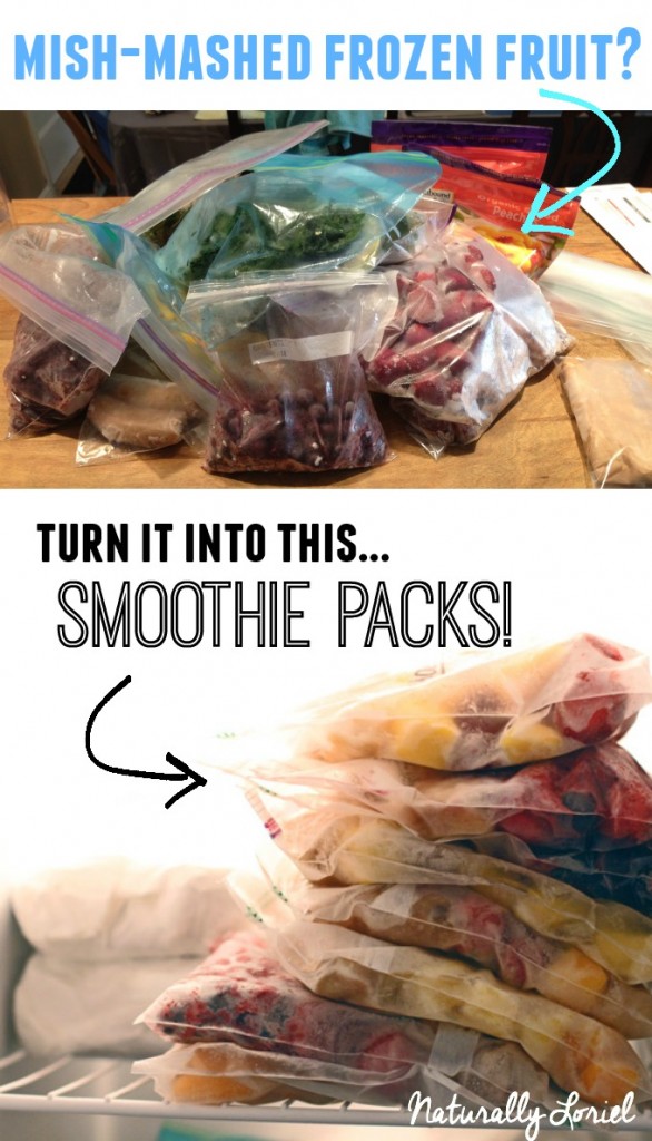 Have loads of mish-mashed bags of frozen fruit in your freezer taking up too much space? Consolidate and make easy smoothie packs so you have quick smoothies ready!