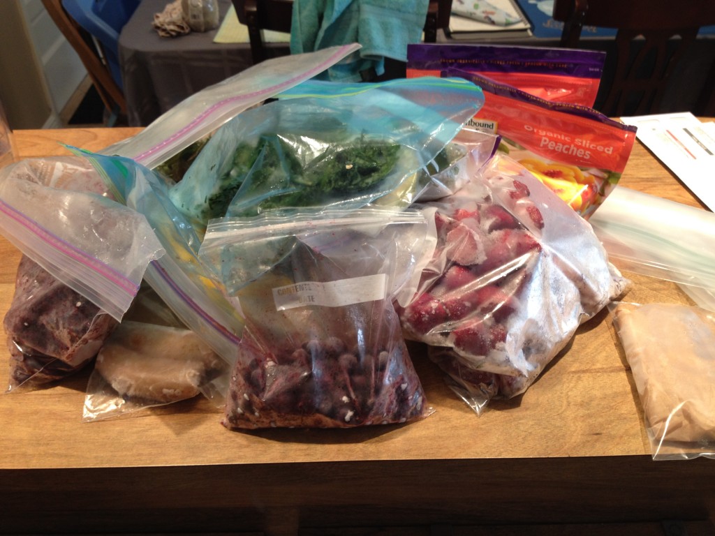 Have loads of mish-mashed bags of frozen fruit in your freezer taking up too much space? Consolidate and make easy smoothie packs so you have quick smoothies ready!