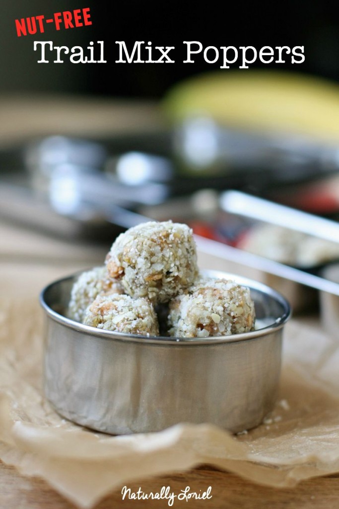 These nut-free trail mix poppers are great for little fingers to snack on or for packing in a school lunch! They're quick and easy to make, too.