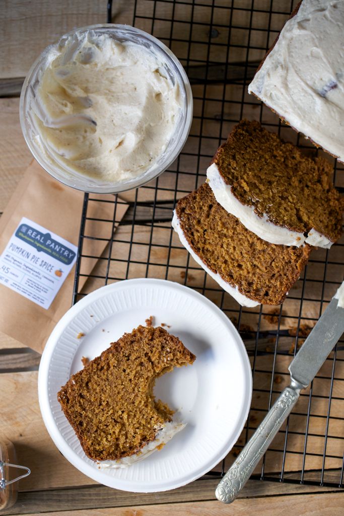 pumpkin einkorn bread with spiced cream cheese frosting